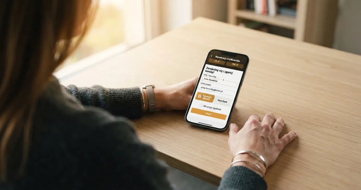 Smartfon z otwartym formularzem zakładania konta gracza i zakładką aktywacji środków bonusowych w sekcji Moje Konto