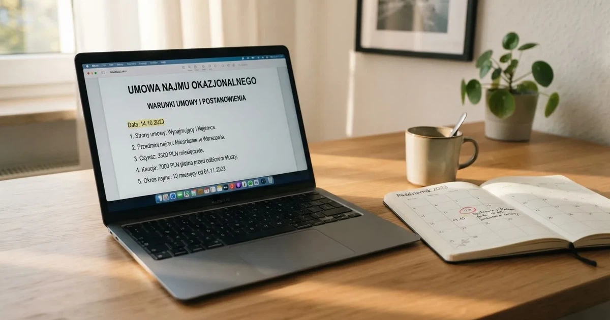 Ekran laptopa z otwartym dokumentem PDF z warunkami promocji i datą obowiązywania, obok ścienny kalendarz z zaznaczonym dniem