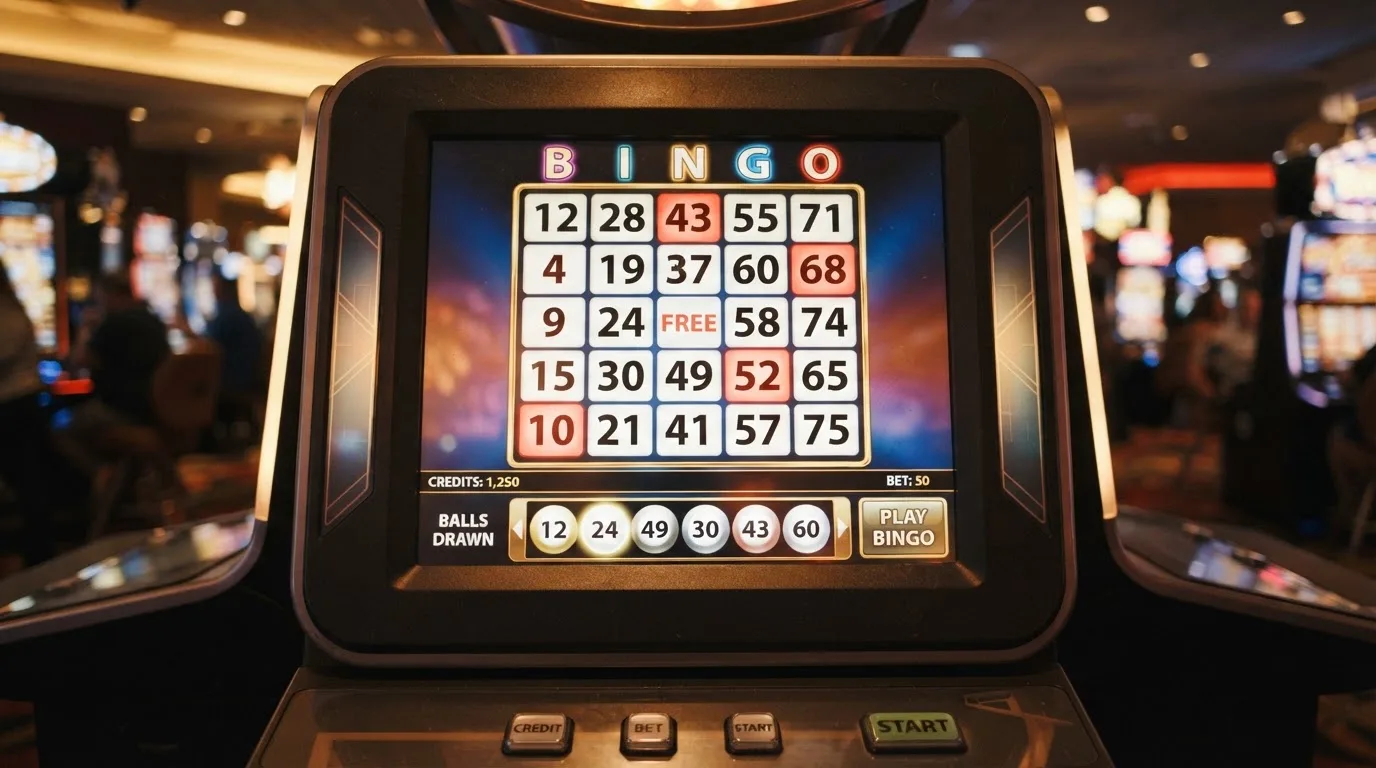 Ekran automatu do gry z kolorową planszą w stylu bingo i podświetlonymi liczbami