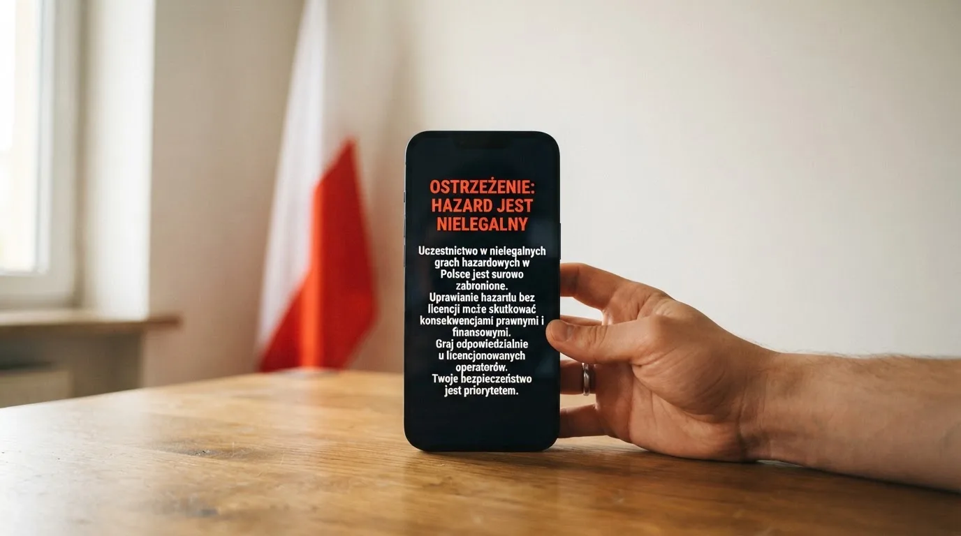 Dłoń trzymająca telefon z widocznym komunikatem ostrzegawczym o legalności hazardu online na tle biało-czerwonej flagi Polski.
