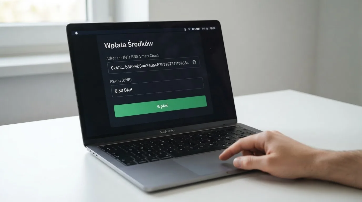 Zbliżenie na formularz wpłaty w kasynie online z polem na adres portfela kryptowalutowego BNB Smart Chain.