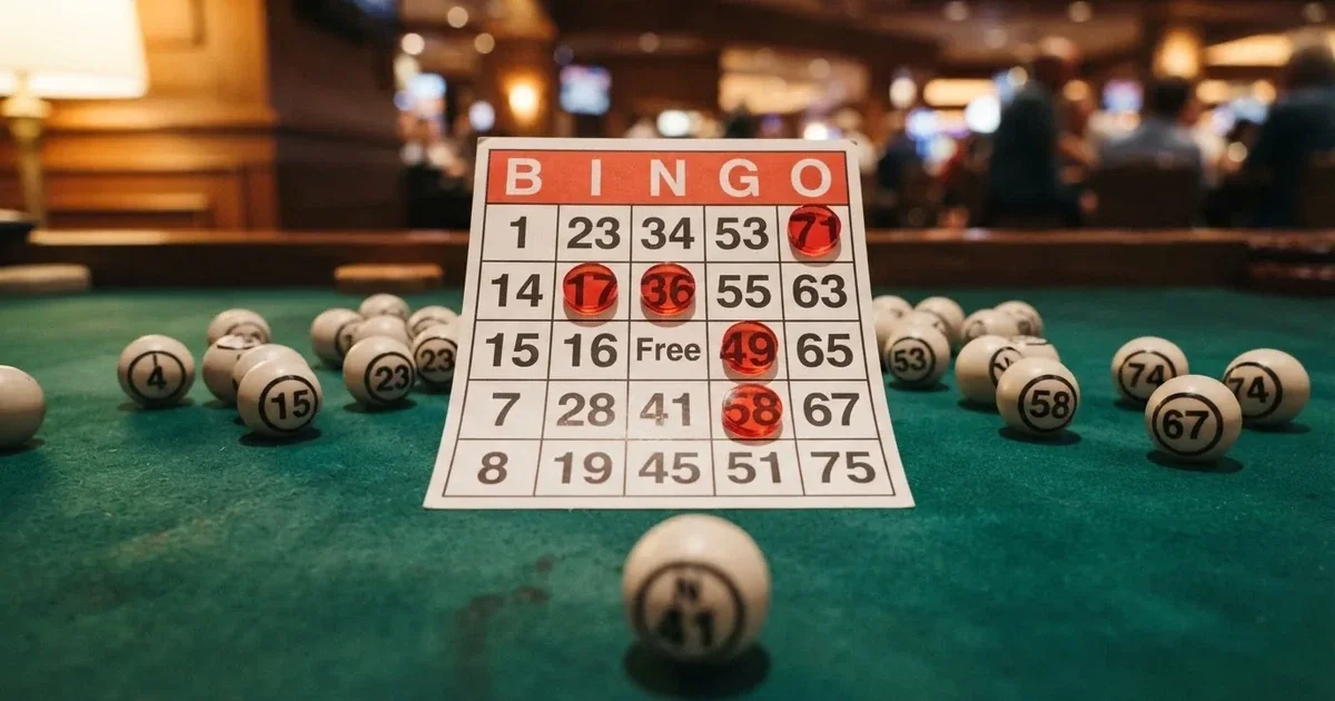Karta do bingo z odznaczonymi liczbami obok wylosowanych kulek na stole w kasynie online