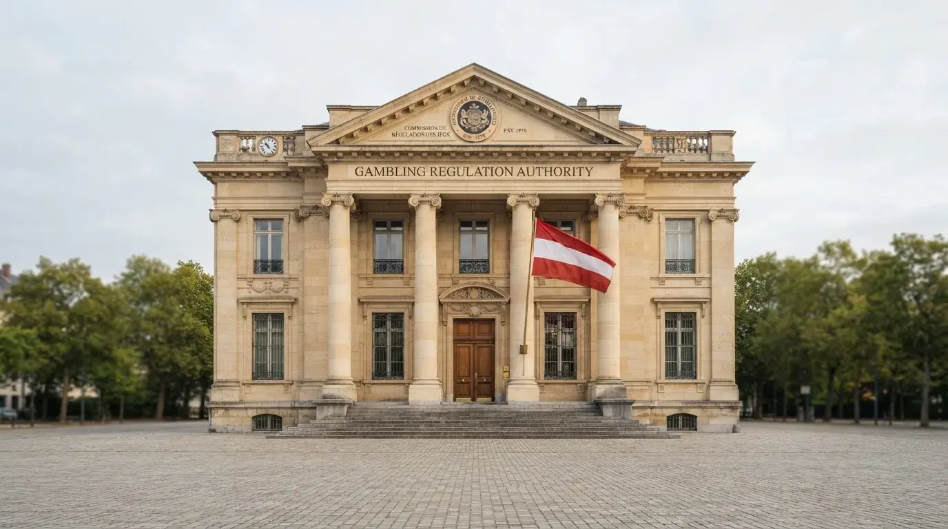Fasada budynku instytucji państwowej z flagą Polski, symbol nadzoru regulatora nad rynkiem gier hazardowych