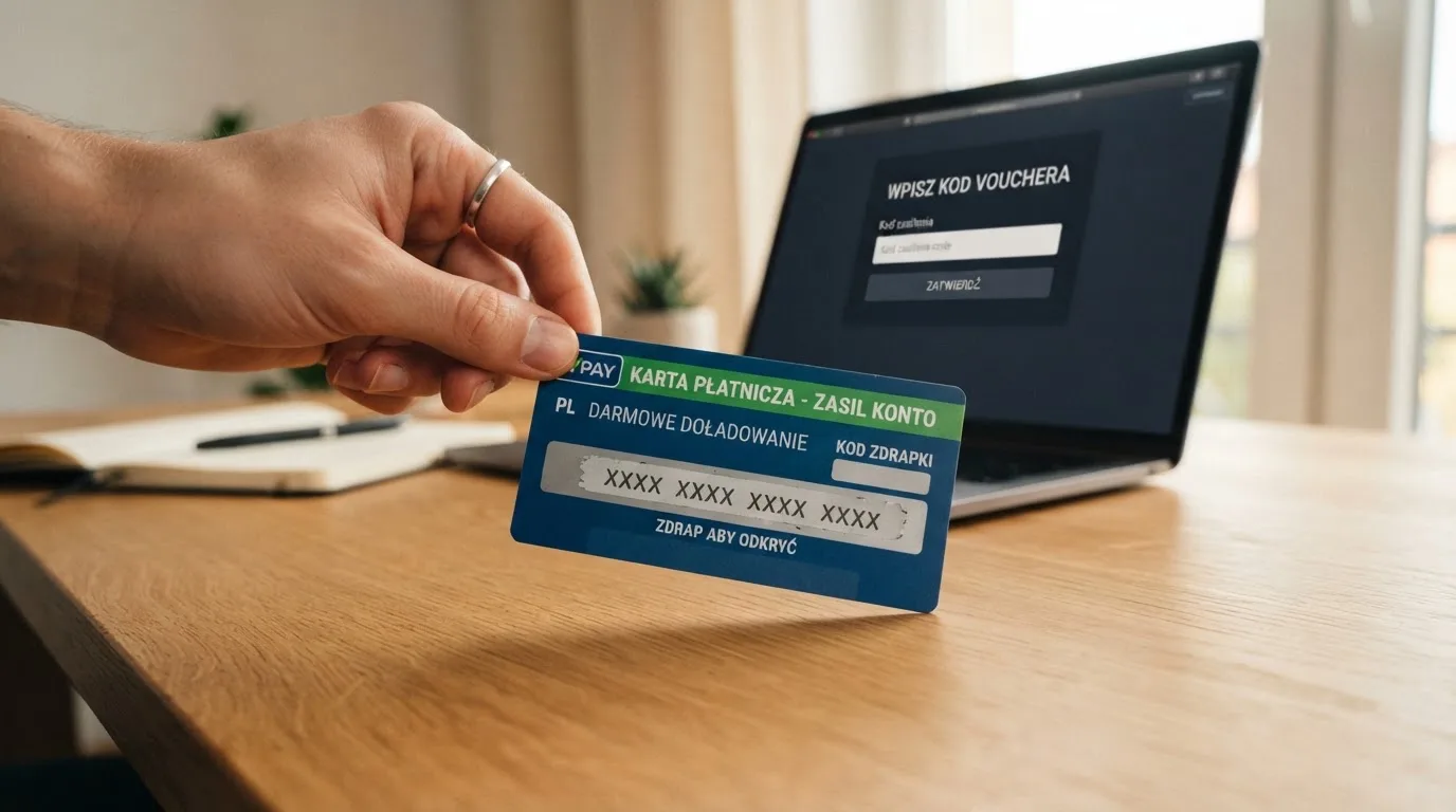 Karta przedpłacona Paysafecard z zasłoniętym polem kodu PIN obok klawiatury laptopa
