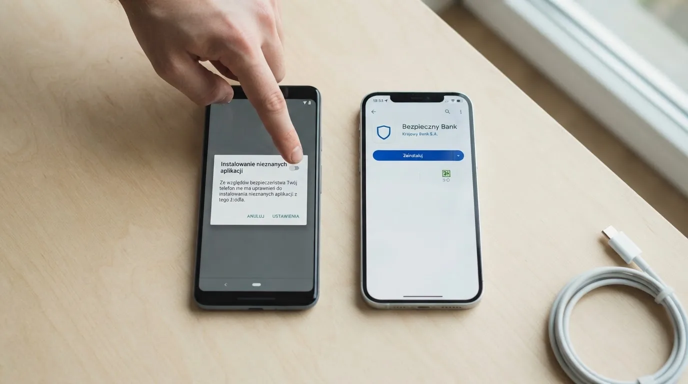 Dwa telefony obok siebie: na jednym komunikat zgody na instalację pliku APK z nieznanego źródła, na drugim strona aplikacji w sklepie z przyciskiem pobierania
