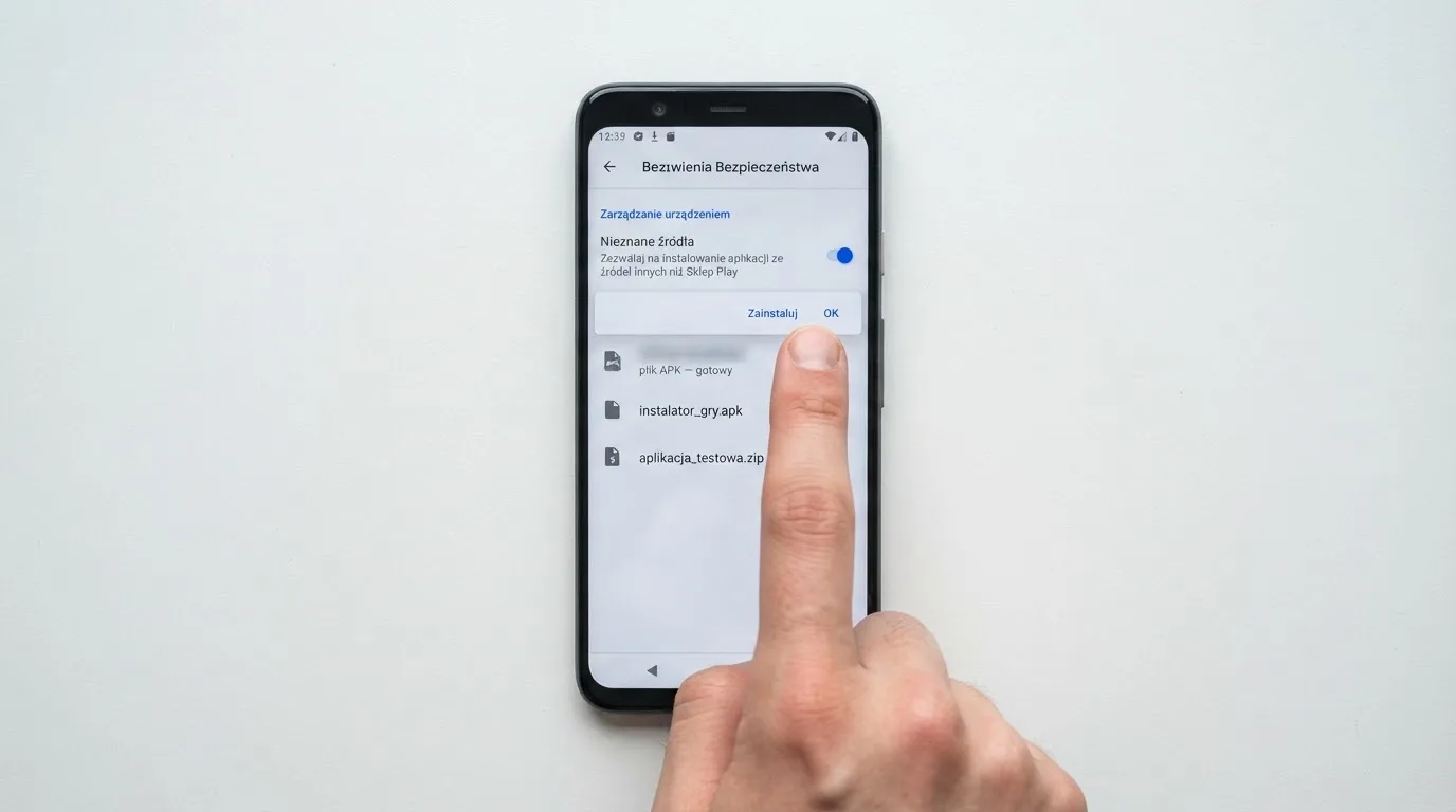 Ekran ustawień Androida z przełącznikiem zgody na instalację aplikacji z nieznanego źródła i pobranym plikiem instalacyjnym na liście