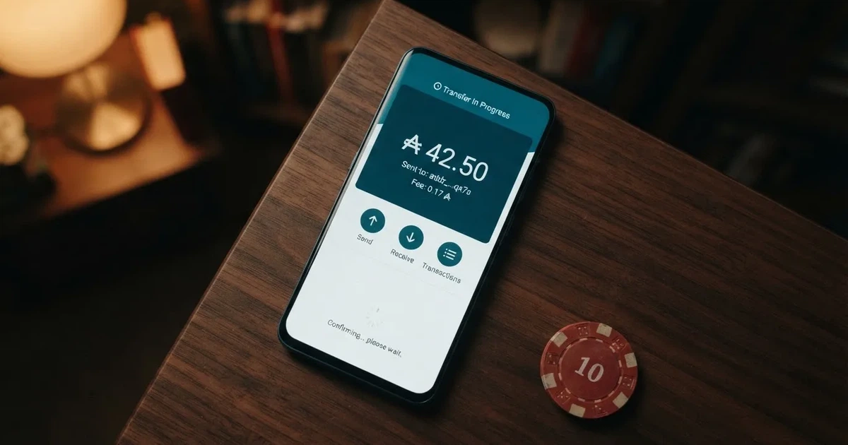 Ekran aplikacji portfela kryptowalutowego w trakcie wysyłania przelewu w sieci Cardano (ADA)