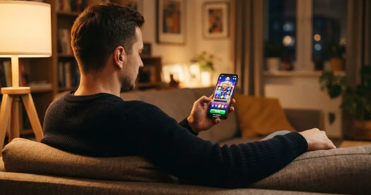 Dorosły mężczyzna na kanapie trzyma smartfon z Androidem, na ekranie saldo konta gracza w złotych obok przycisku wypłaty