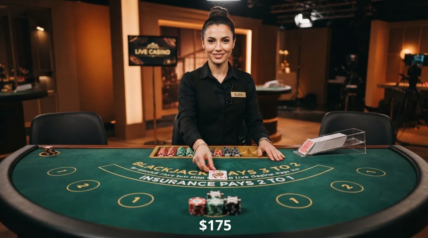 Krupier rozdający karty przy stole blackjacka podczas transmisji na żywo