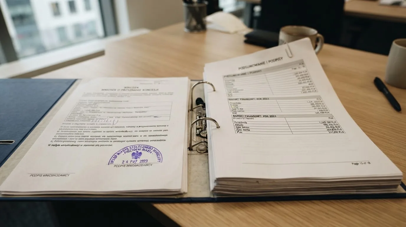 Segregator z wnioskiem o koncesję na kasyno gry, wydrukiem sprawozdania finansowego i urzędową pieczątką leżący na biurku