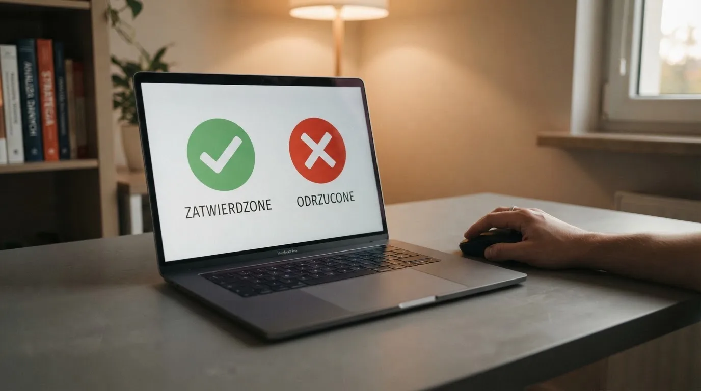 Ekran laptopa pokazuje dwie proste ikony obok siebie, zielony znak zatwierdzenia i czerwony krzyżyk, a obok leży dłoń na myszce komputerowej