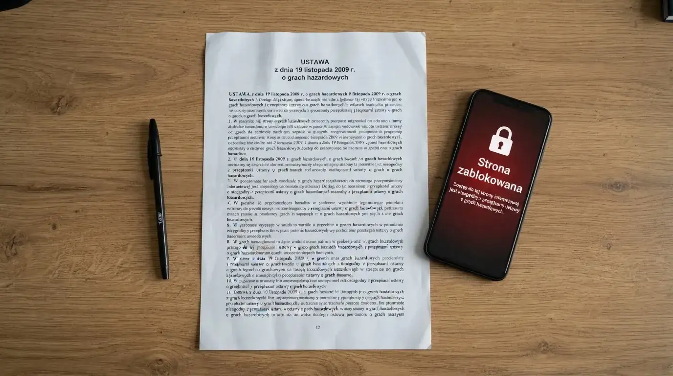 Biurko z wydrukiem ustawy o grach hazardowych i telefonem wyświetlającym komunikat o zablokowanej stronie kasyna