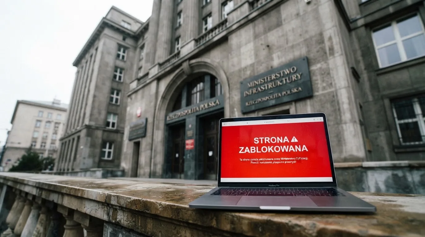 Budynek urzędu z tablicą ministerstwa, na pierwszym planie laptop z komunikatem o zablokowanej stronie kasyna