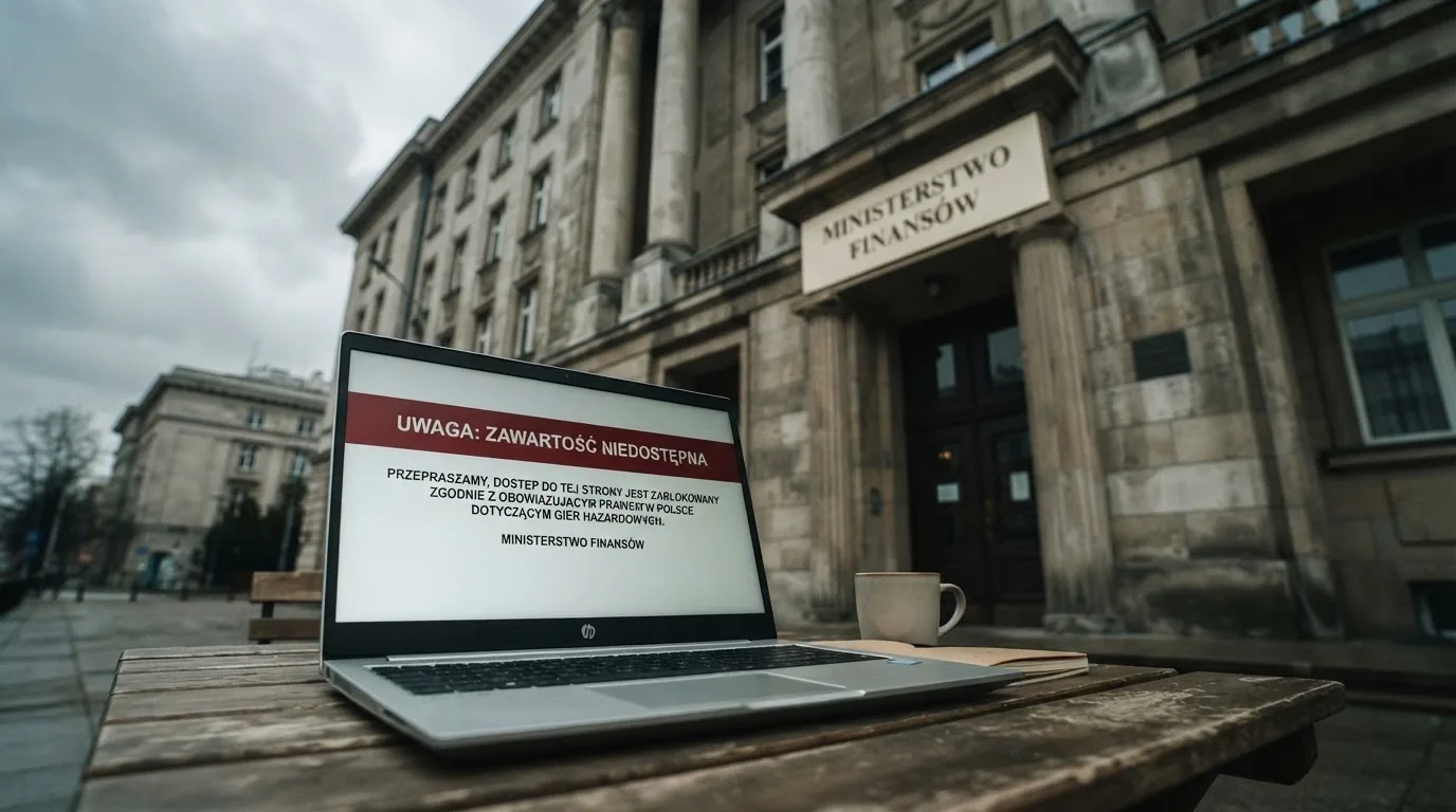 Laptop z komunikatem o zablokowanej stronie hazardowej, w tle budynek urzędu z tablicą ministerstwa
