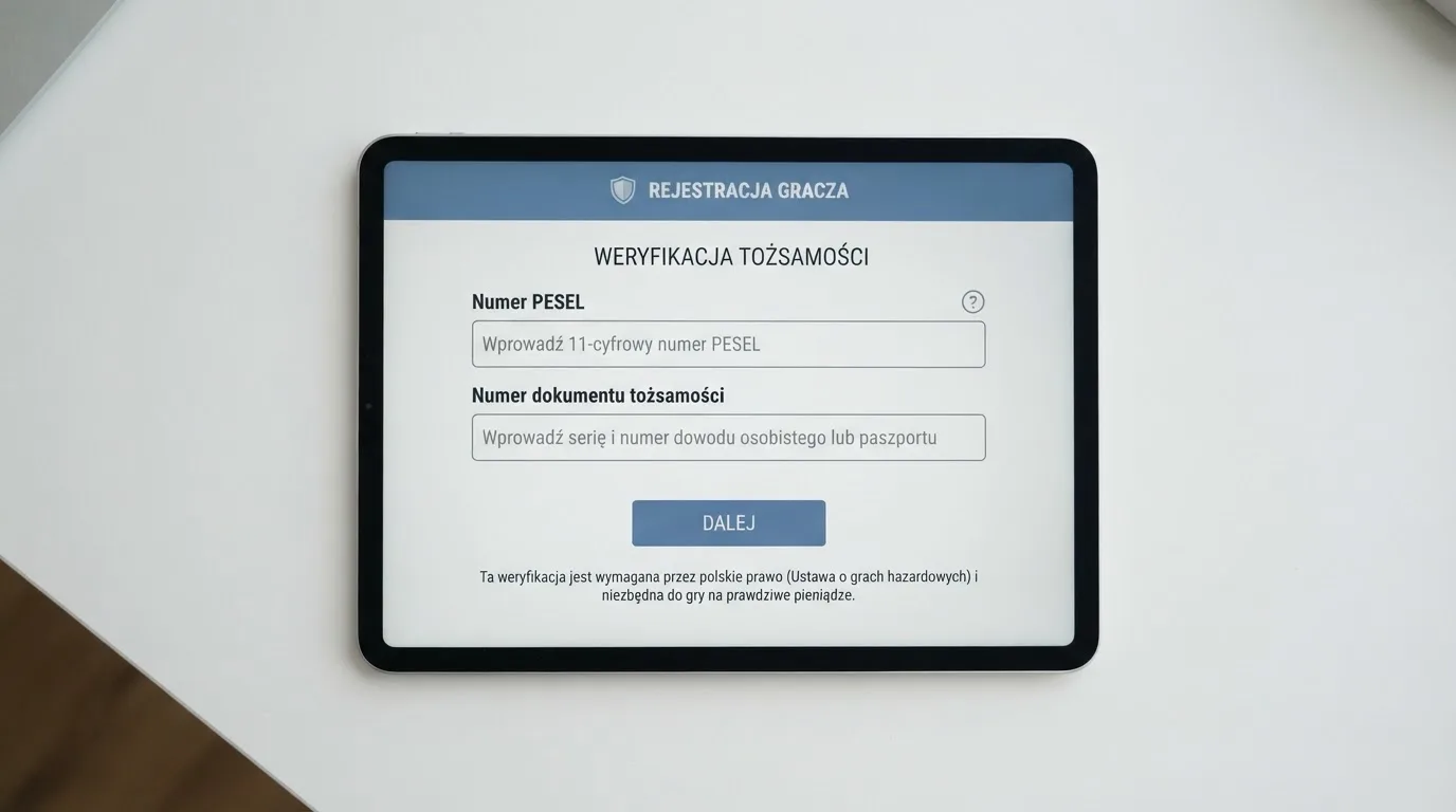 Formularz rejestracji konta gracza z polami na PESEL i numer dokumentu tożsamości na ekranie tabletu