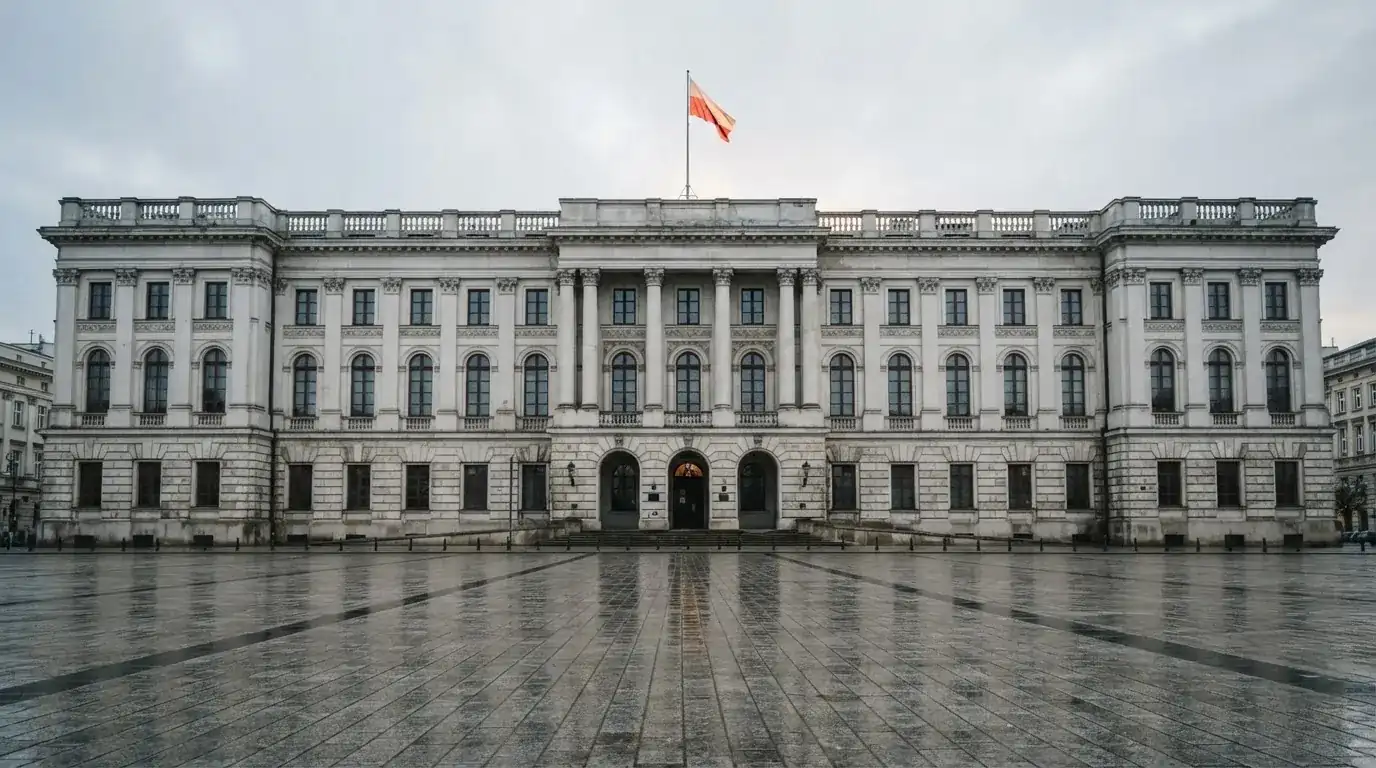 Budynek urzędu administracji państwowej z flagą Polski na maszcie w tle
