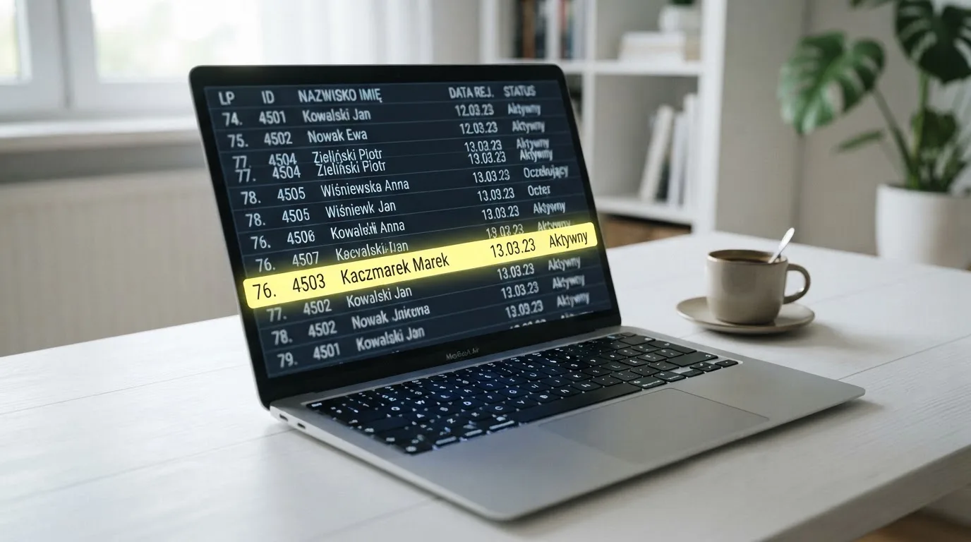 Ekran laptopa z otwartym rejestrem licencji regulatora z Curaçao, w którym jeden wiersz zaznaczono żółtym podświetleniem