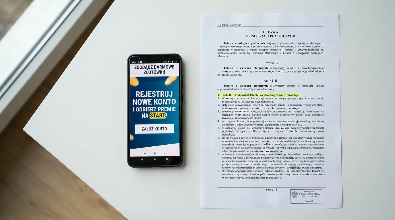 Telefon z banerem obiecującym darmowe złotówki za założenie konta, obok wydrukowany tekst ustawy o grach hazardowych z zaznaczonym artykułem