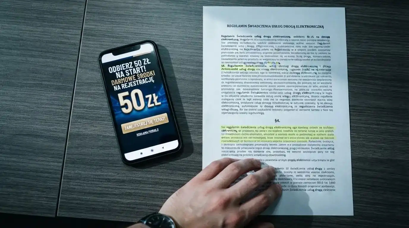 Telefon z wyskakującym banerem obiecującym darmowe złotówki za rejestrację, obok wydruk ustawy o grach hazardowych