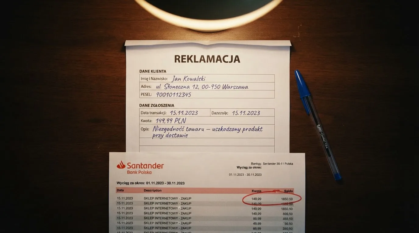 Wydrukowany formularz reklamacji leżący na biurku obok długopisu i wyciągu bankowego z zakreśloną pozycją