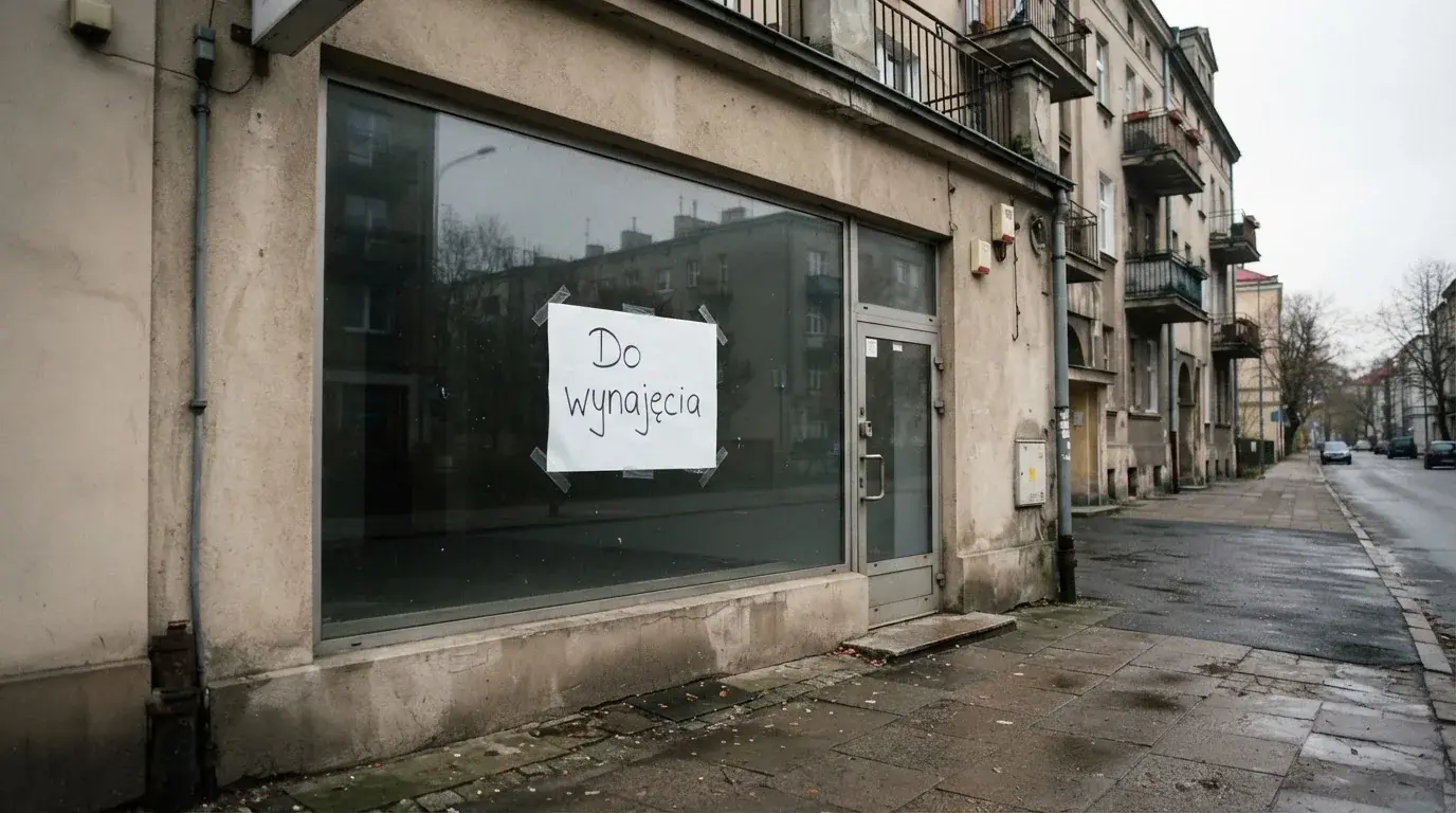 Pusty, zamknięty lokal handlowy z tabliczką „do wynajęcia”, symbolizujący brak działających salonów gry bingo pieniężne