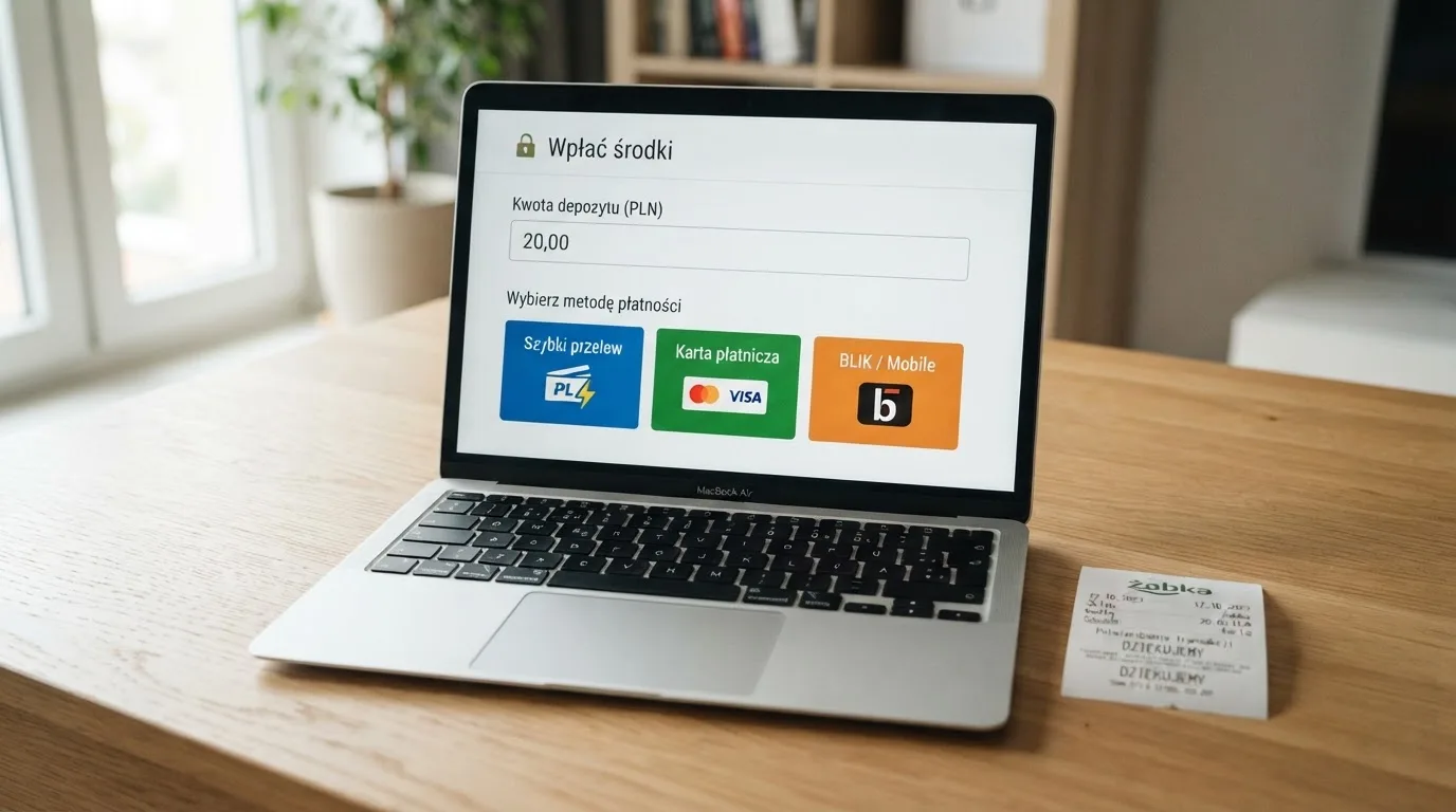 Laptop z otwartym formularzem wpłaty na kwotę 20 zł i wyborem między szybkim przelewem, kartą płatniczą a BLIK-iem