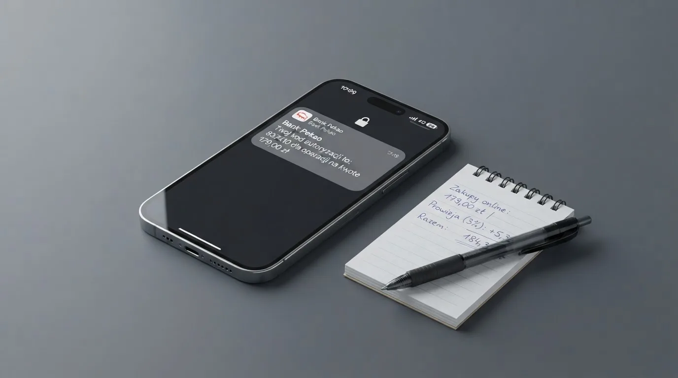 Ekran telefonu z wiadomością SMS obok kalkulatora liczącego opłaty